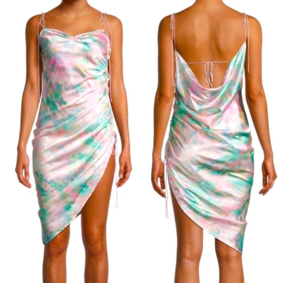 NEW! Pastel Tie Dye Satin Ruched Asymmetrical Midi Dress - Picture 9 of 12